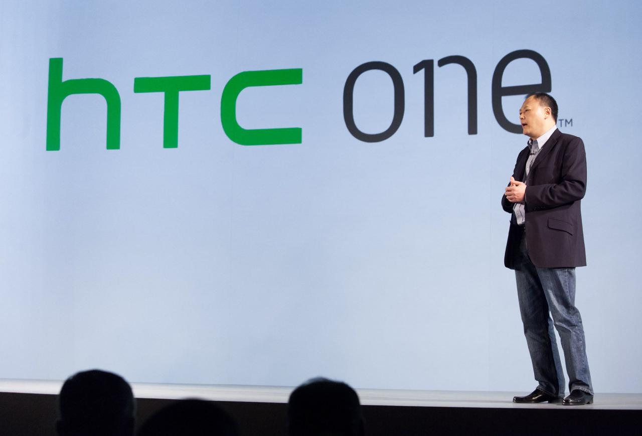 HTC Chief Executive Peter Chou unveils the new HTC One brand name. There are three models--the x, s, and v.